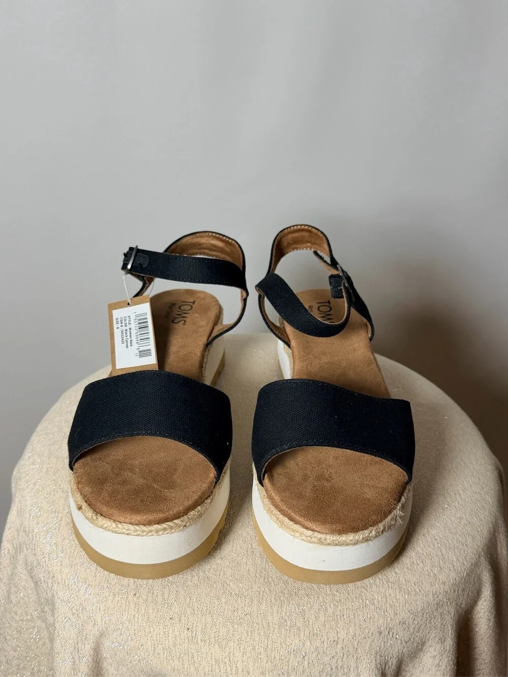 TOMS Women's Black Canvas Ankle Strap Platform Espadrille Sandals